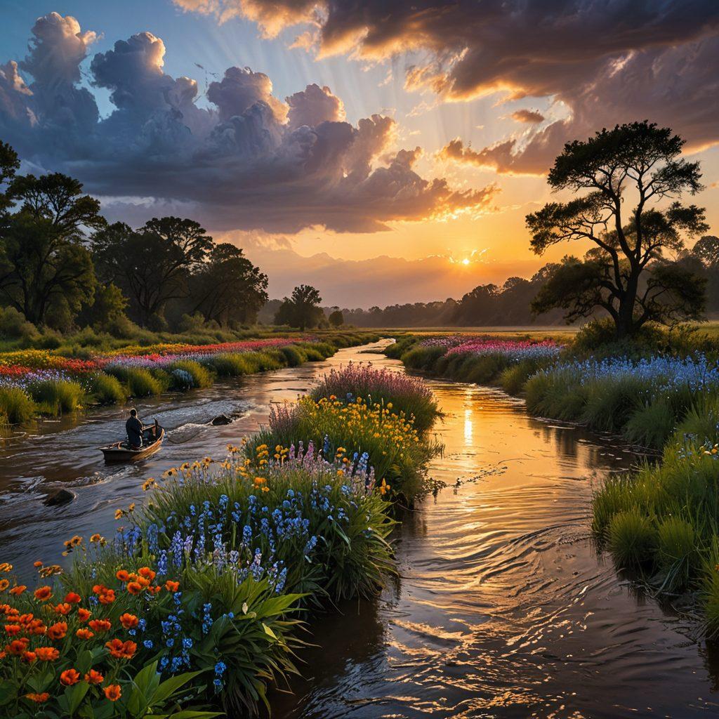 A serene landscape transitioning from dark stormy clouds to a clear blue sky, with a gentle sunrise illuminating the scene. In the foreground, a tranquil river flows, symbolizing the journey from sorrow to hope, while blooming flowers add a touch of color and positivity. Silhouettes of people walking towards the light symbolize personal growth and resilience. super-realistic. vibrant colors. peaceful atmosphere.