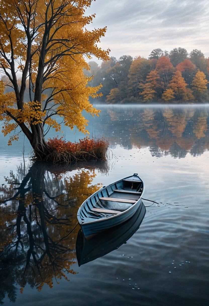 A serene scene depicting a small boat gently floating on calm waters, surrounded by soft waves reflecting shades of blue and grey. In the distance, a misty horizon symbolizes uncertainty, while droplets of water glisten like tears. A lone figure in the boat appears contemplative, surrounded by scattered autumn leaves, representing the beauty of sadness. This imagery conveys emotional depth and tranquility. super-realistic. muted colors. 3D.