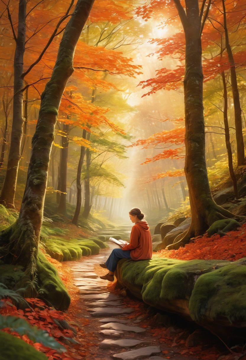 A serene scene depicting an individual sitting on a moss-covered rock, surrounded by a lush forest. The person, exuding a sense of tranquility, is journaling in a notebook, with vibrant autumn leaves falling around them. A soft golden light filters through the trees, illuminating their thoughtful expression. In the background, a winding path symbolizes life's journey, leading to a distant horizon. Artistic style: painting. warm colors. dreamlike atmosphere.